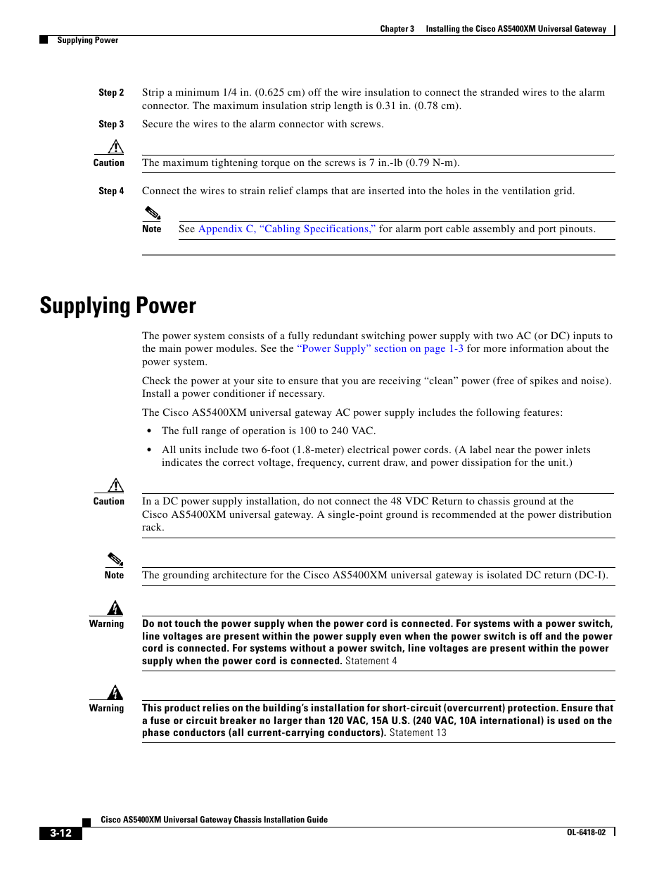 Supplying power | Cisco XM Universal Gateways Cisco AS5400XM User Manual | Page 42 / 100