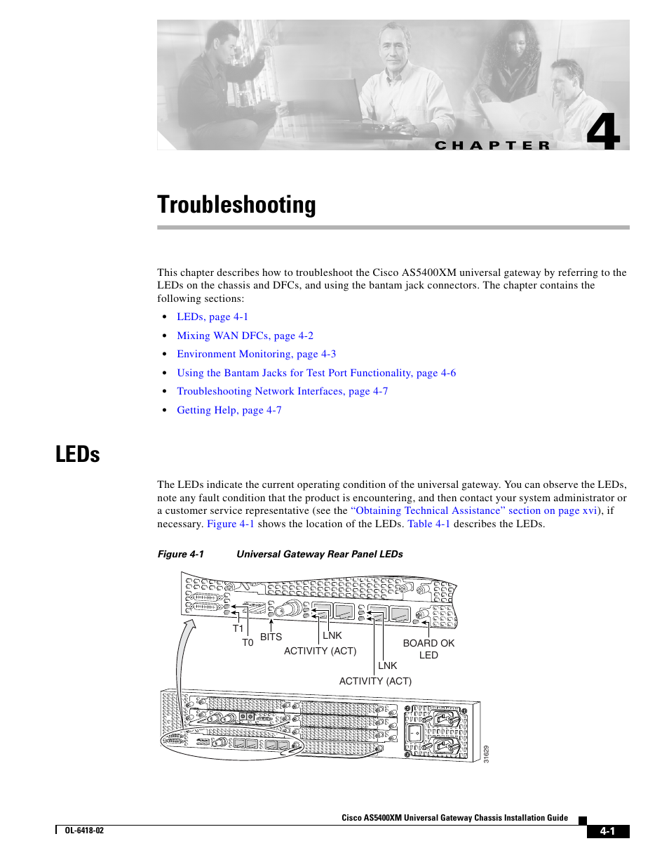 Troubleshooting, Leds, C h a p t e r | Chapter 4, “troubleshooting | Cisco XM Universal Gateways Cisco AS5400XM User Manual | Page 47 / 100