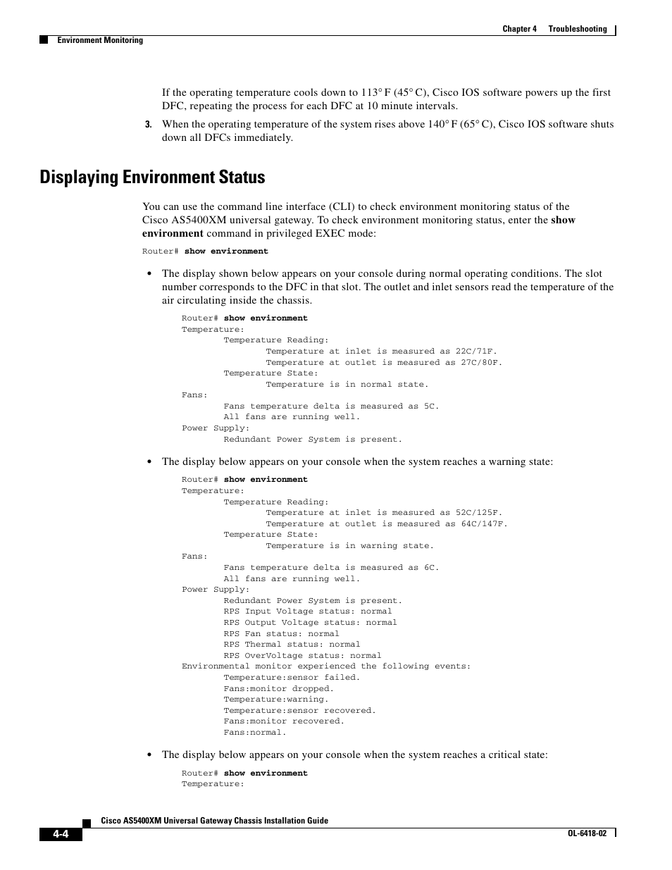 Displaying environment status | Cisco XM Universal Gateways Cisco AS5400XM User Manual | Page 50 / 100