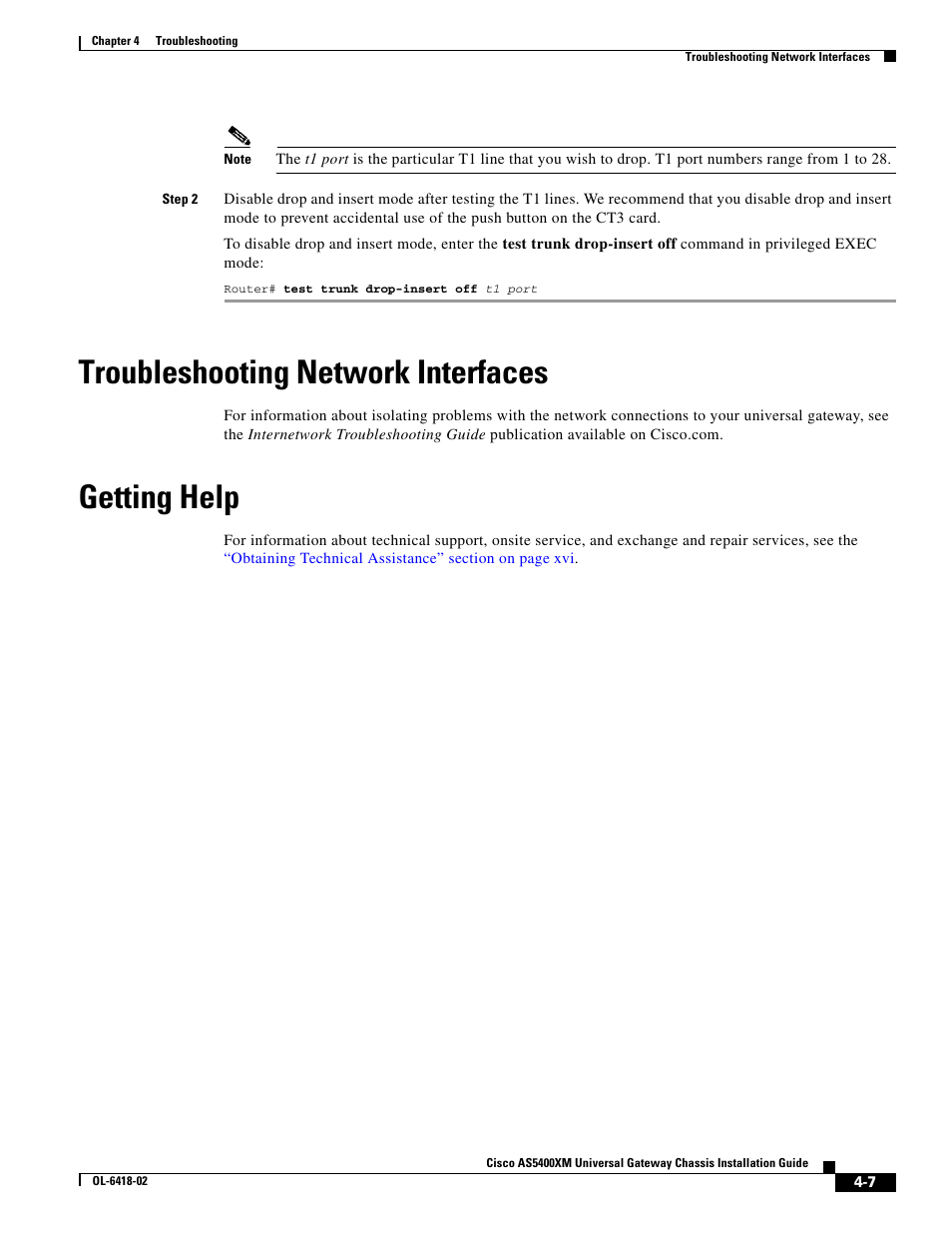 Troubleshooting network interfaces, Getting help | Cisco XM Universal Gateways Cisco AS5400XM User Manual | Page 53 / 100