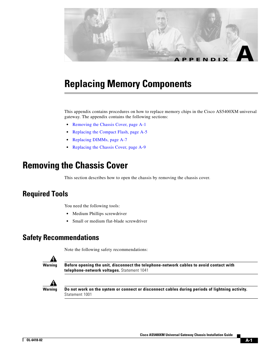 Replacing memory components, Removing the chassis cover, Required tools | Safety recommendations, A p p e n d i x, Appendix a, “replacing memory components | Cisco XM Universal Gateways Cisco AS5400XM User Manual | Page 55 / 100