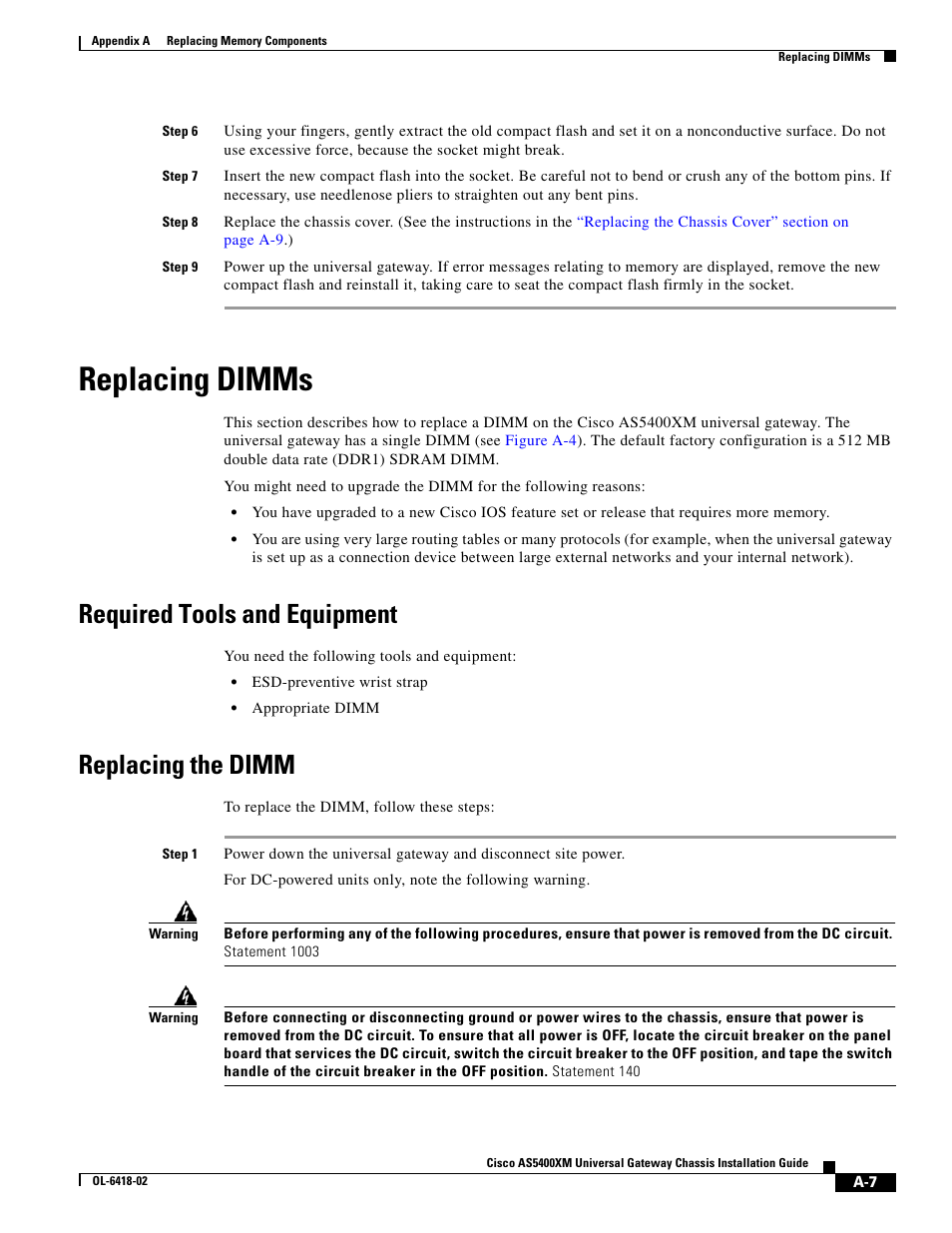 Replacing dimms, Required tools and equipment, Replacing the dimm | Cisco XM Universal Gateways Cisco AS5400XM User Manual | Page 61 / 100