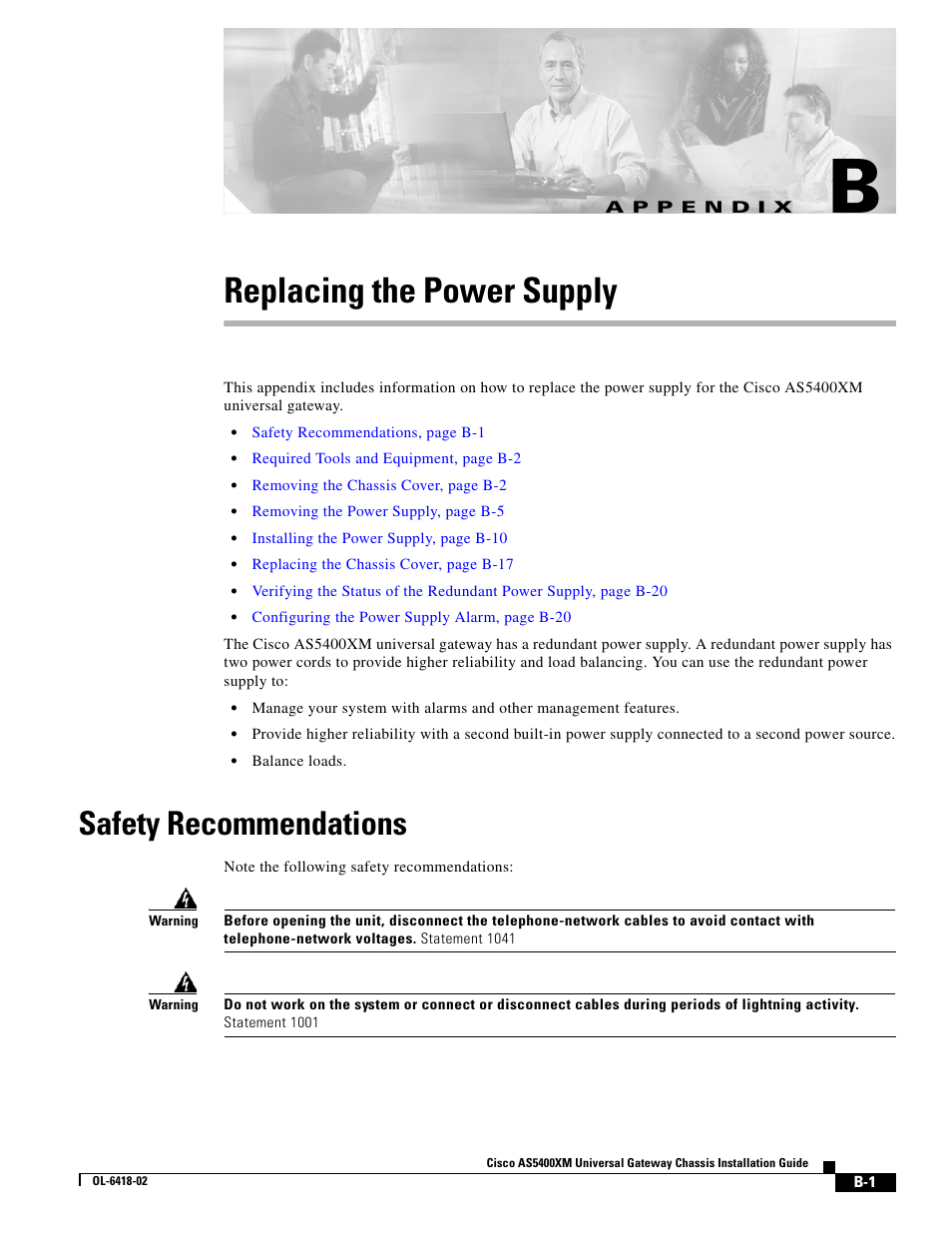 Replacing the power supply, Safety recommendations, A p p e n d i x | Appendix b, “replacing the, Power supply, Appendix b, “replacing the power supply | Cisco XM Universal Gateways Cisco AS5400XM User Manual | Page 67 / 100