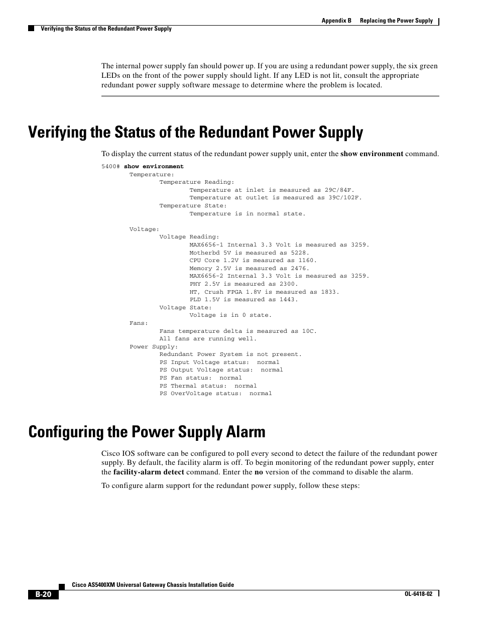 Verifying the status of the redundant power supply, Configuring the power supply alarm | Cisco XM Universal Gateways Cisco AS5400XM User Manual | Page 86 / 100