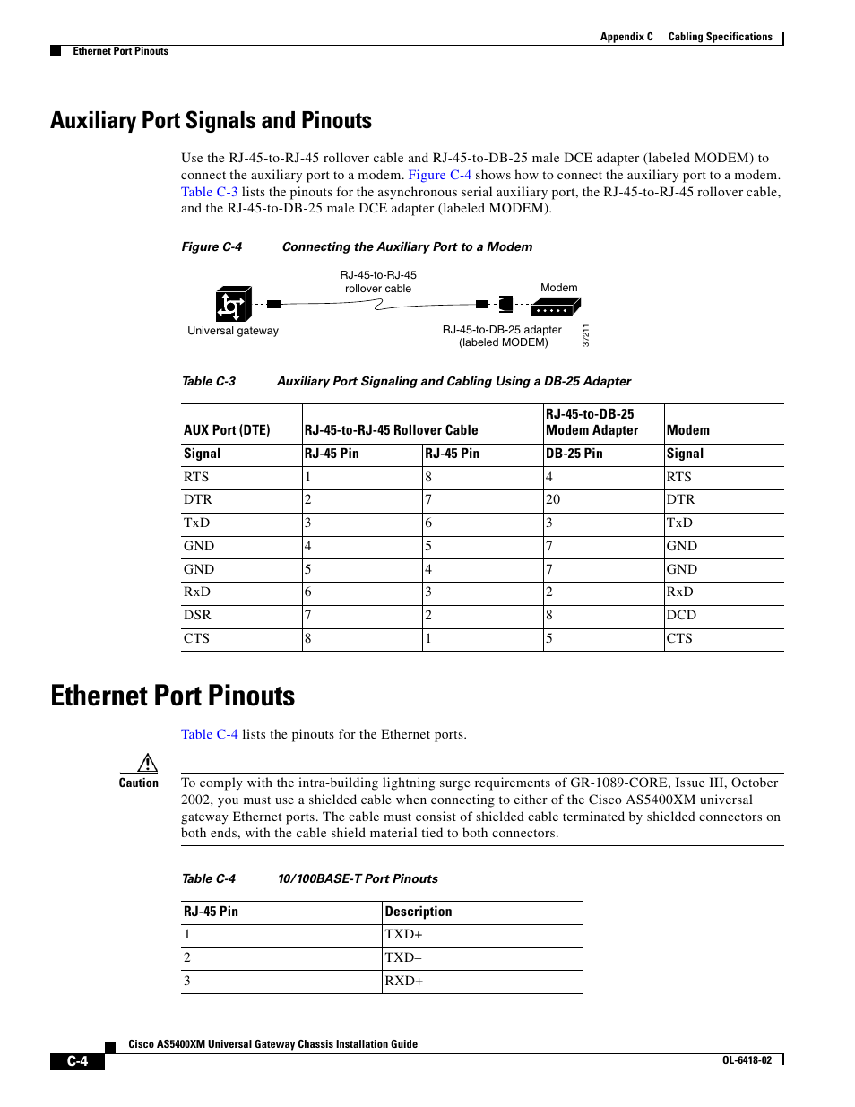Auxiliary port signals and pinouts, Ethernet port pinouts | Cisco XM Universal Gateways Cisco AS5400XM User Manual | Page 92 / 100