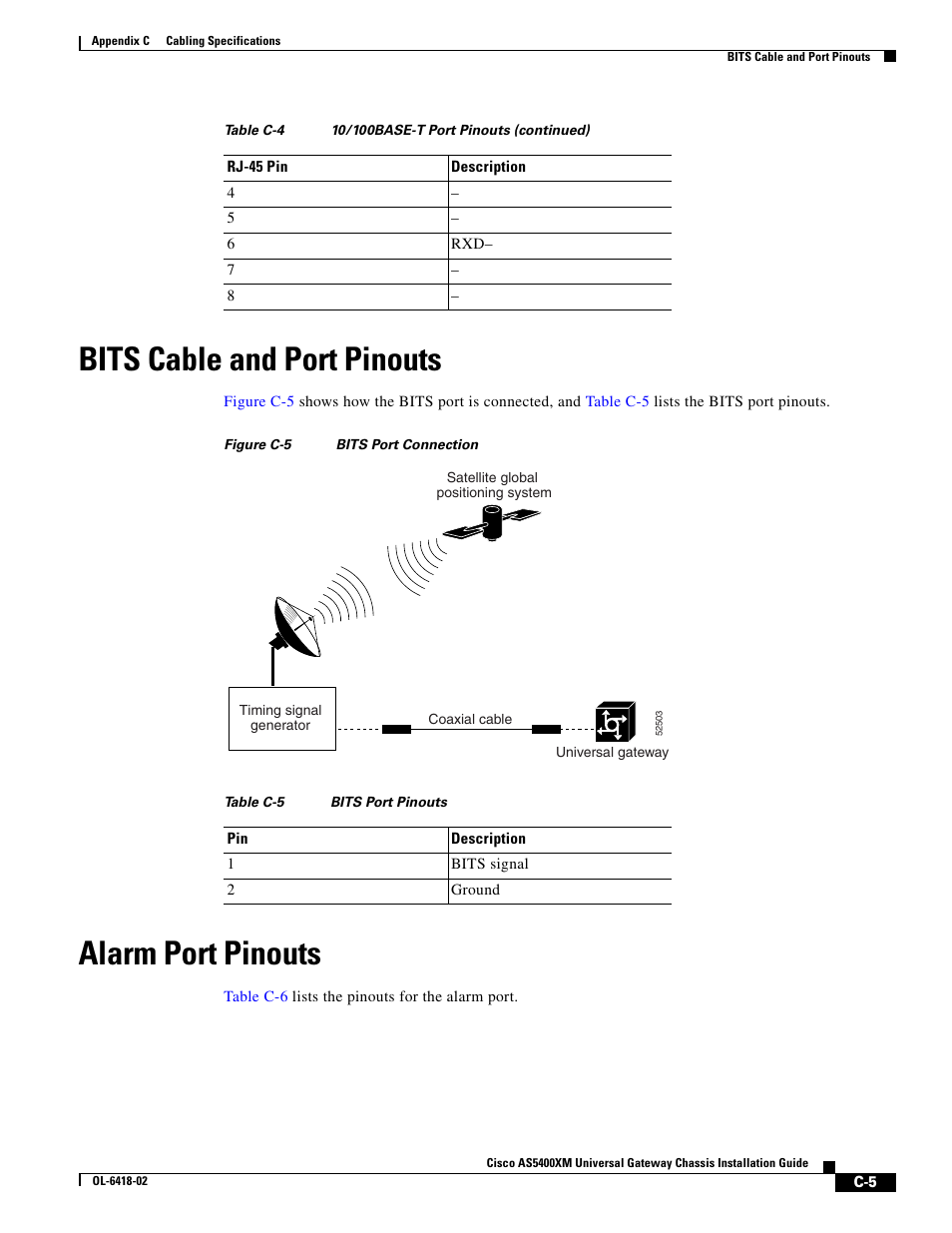 Bits cable and port pinouts, Alarm port pinouts | Cisco XM Universal Gateways Cisco AS5400XM User Manual | Page 93 / 100