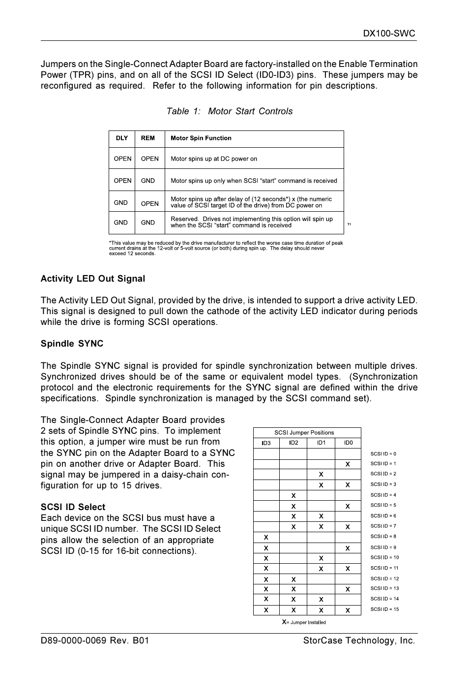 Table 1: motor start controls, Activity led out signal, Spindle sync | Scsi id select | StorCase Technology DX100-SWC User Manual | Page 2 / 2