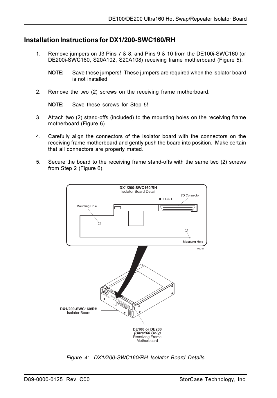 Installation instructions for dx1/200-swc160/rh, Figure 4: dx1/200-swc160/rh isolator board details | StorCase Technology DX1/200-SW160/RH & DX1/200-SWC160/RH Ultra User Manual | Page 4 / 6