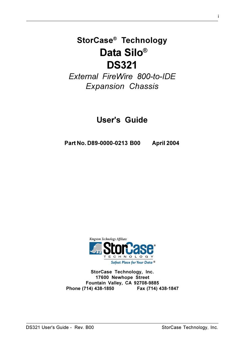 Data silo, Ds321, Storcase | Technology, External firewire 800-to-ide expansion chassis, User's guide | StorCase Technology DS321 User Manual | Page 2 / 32