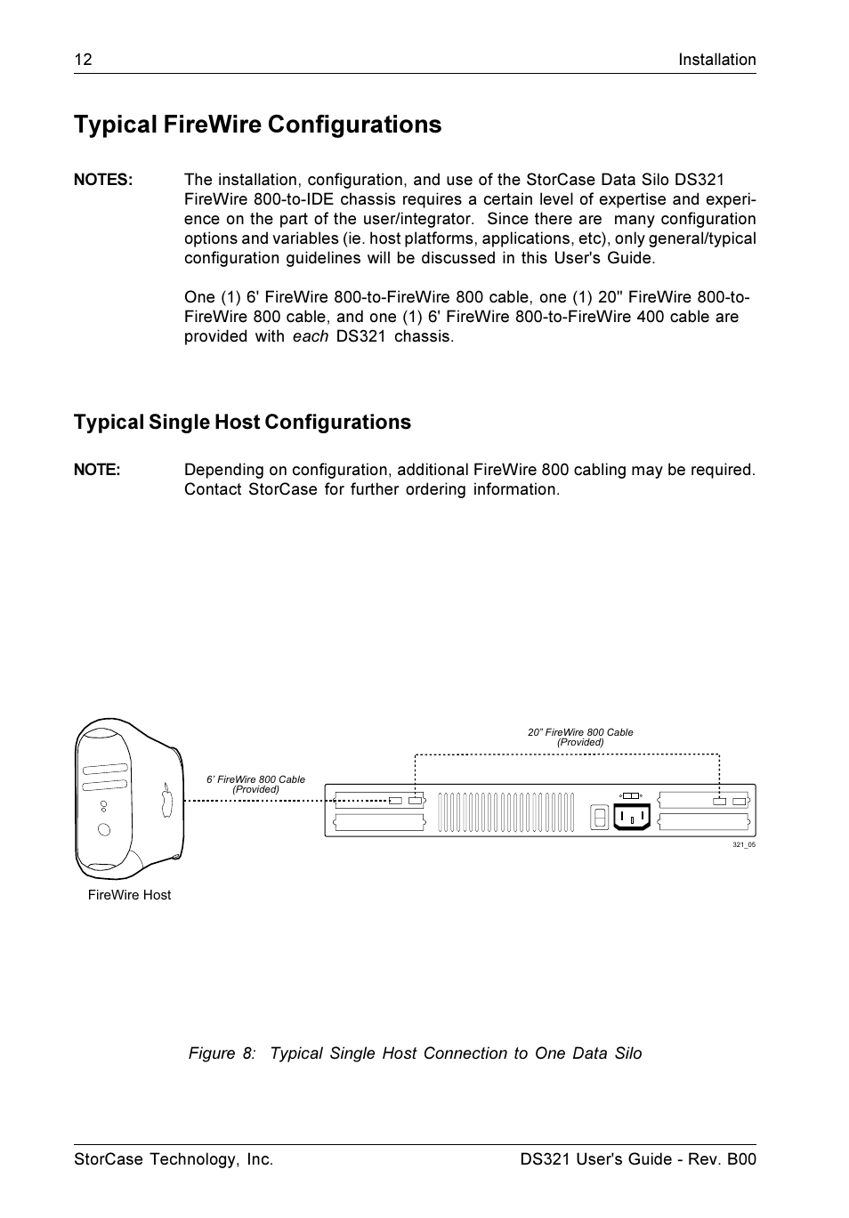 Typical firewire configurations, Typical single host configurations | StorCase Technology DS321 User Manual | Page 20 / 32