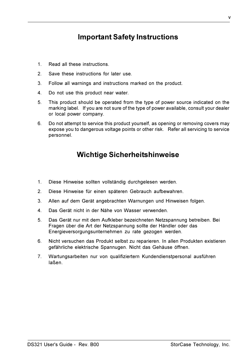 Important safety instructions, Wichtige sicherheitshinweise | StorCase Technology DS321 User Manual | Page 6 / 32