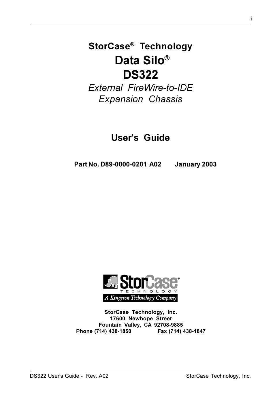 Data silo, Ds322, Storcase | Technology, External firewire-to-ide expansion chassis, User's guide | StorCase Technology DS322 User Manual | Page 2 / 30