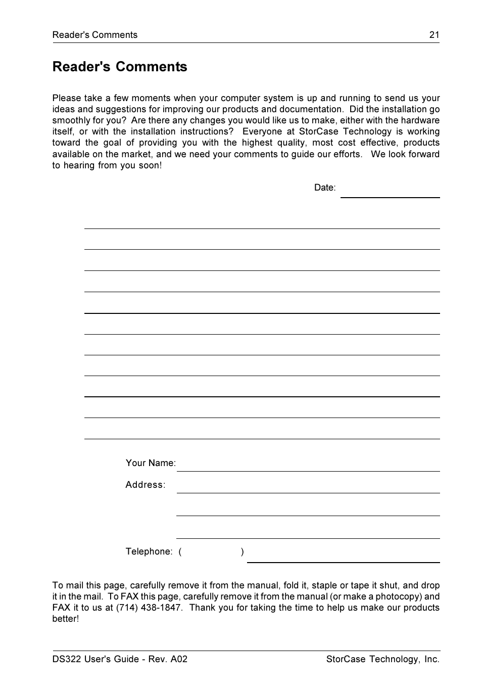 Reader's comments | StorCase Technology DS322 User Manual | Page 29 / 30