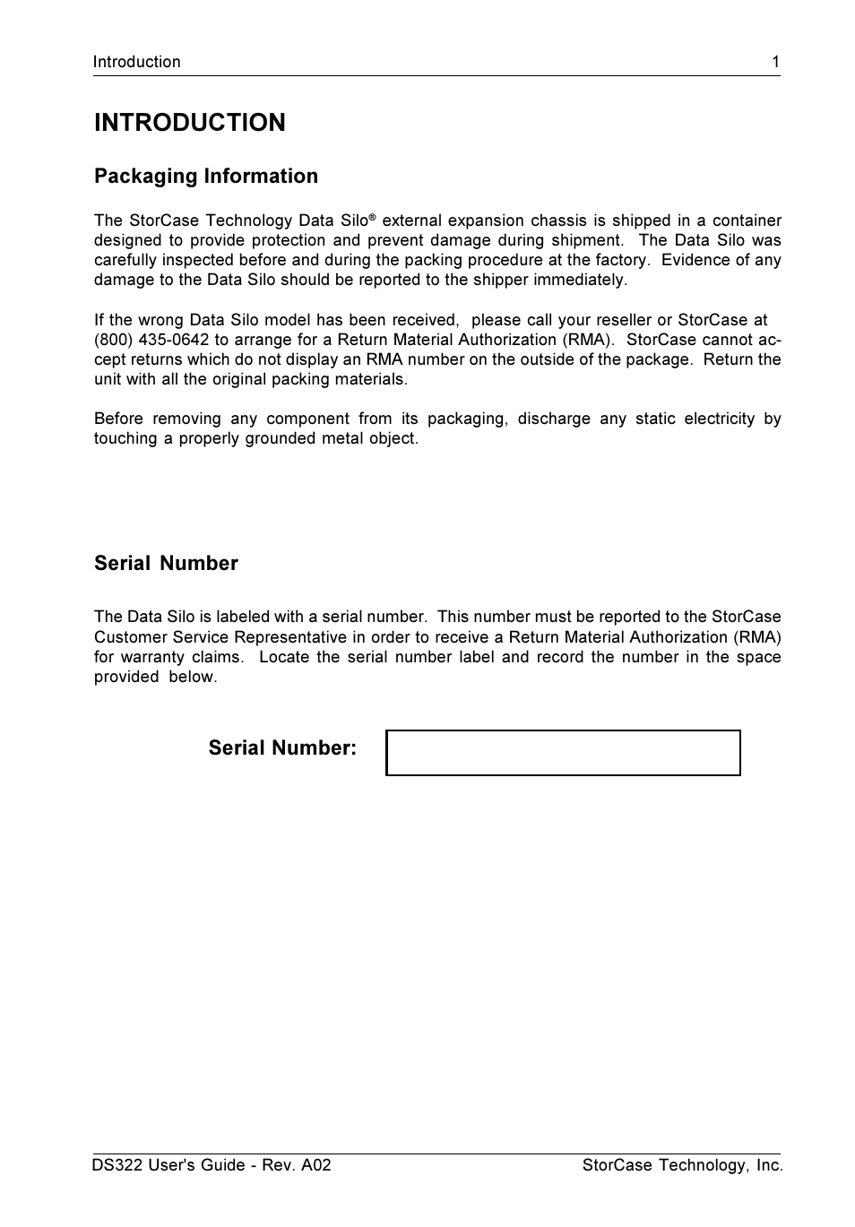 Introduction, Packaging information, Serial number | StorCase Technology DS322 User Manual | Page 9 / 30
