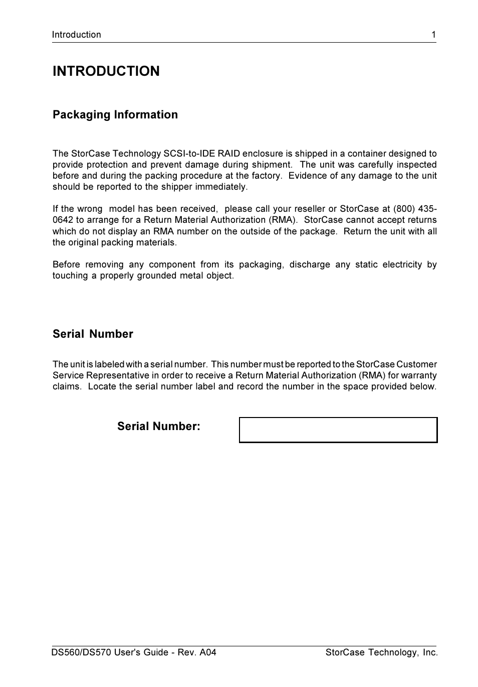 Introduction, Packaging information, Serial number | StorCase Technology DS570 User Manual | Page 10 / 67