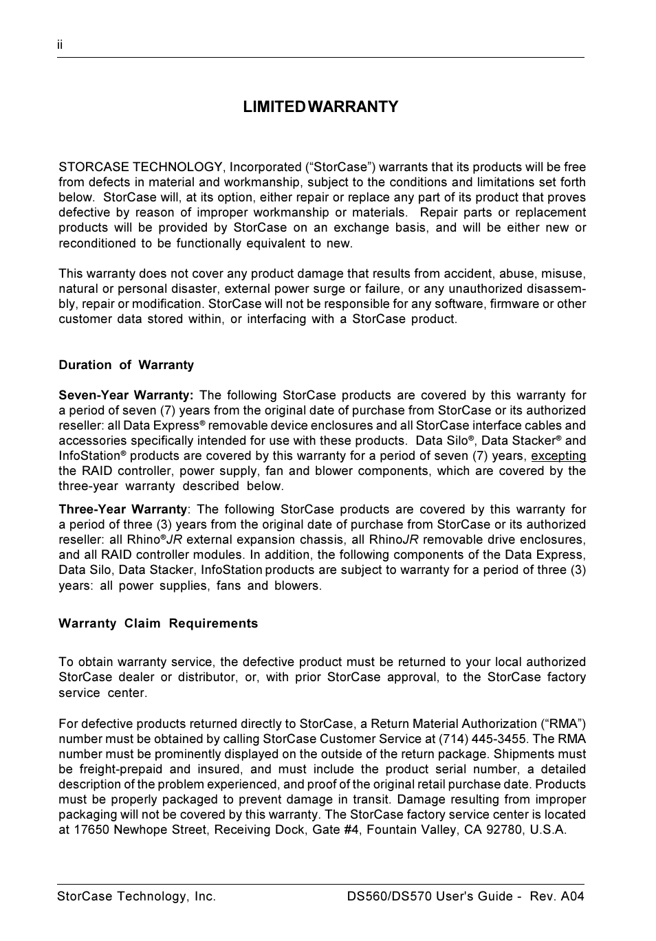 Limited warranty | StorCase Technology DS570 User Manual | Page 3 / 67