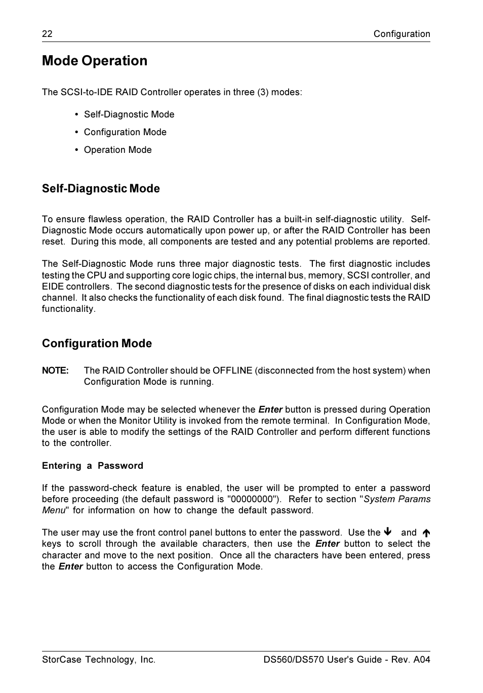 Mode operation, Self-diagnostic mode, Configuration mode | StorCase Technology DS570 User Manual | Page 31 / 67