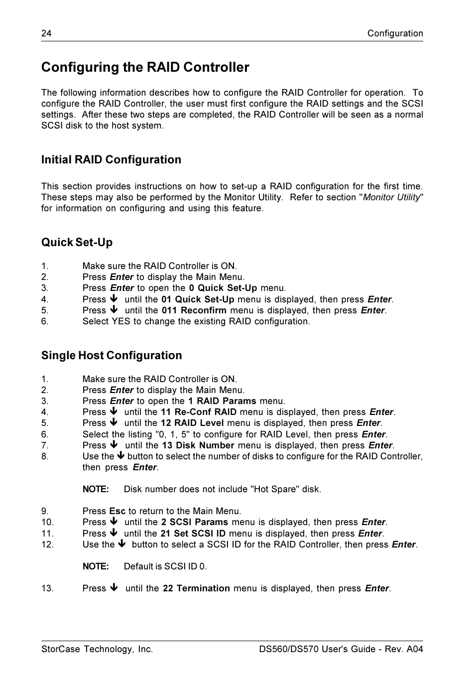 Configuring the raid controller, Initial raid configuration, Quick set-up | Single host configuration | StorCase Technology DS570 User Manual | Page 33 / 67