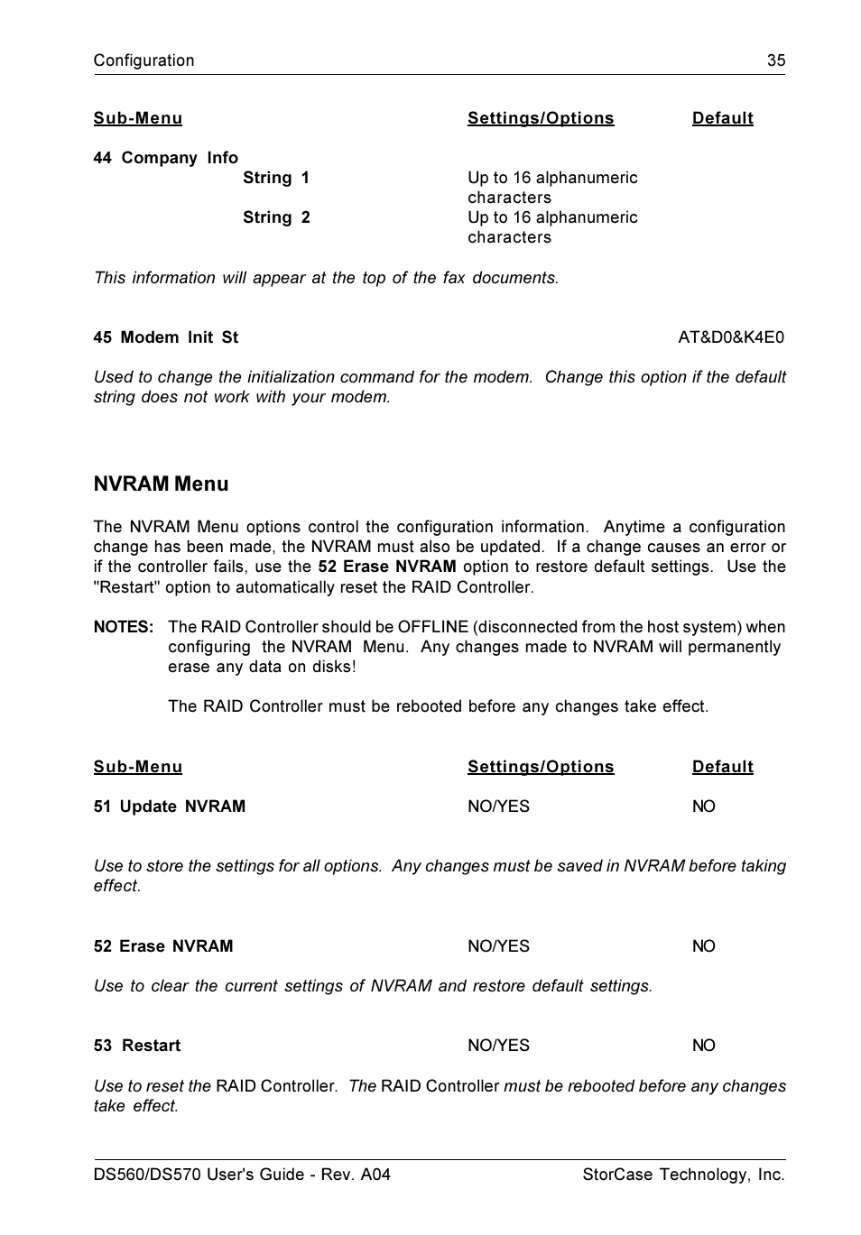 Nvram menu | StorCase Technology DS570 User Manual | Page 44 / 67