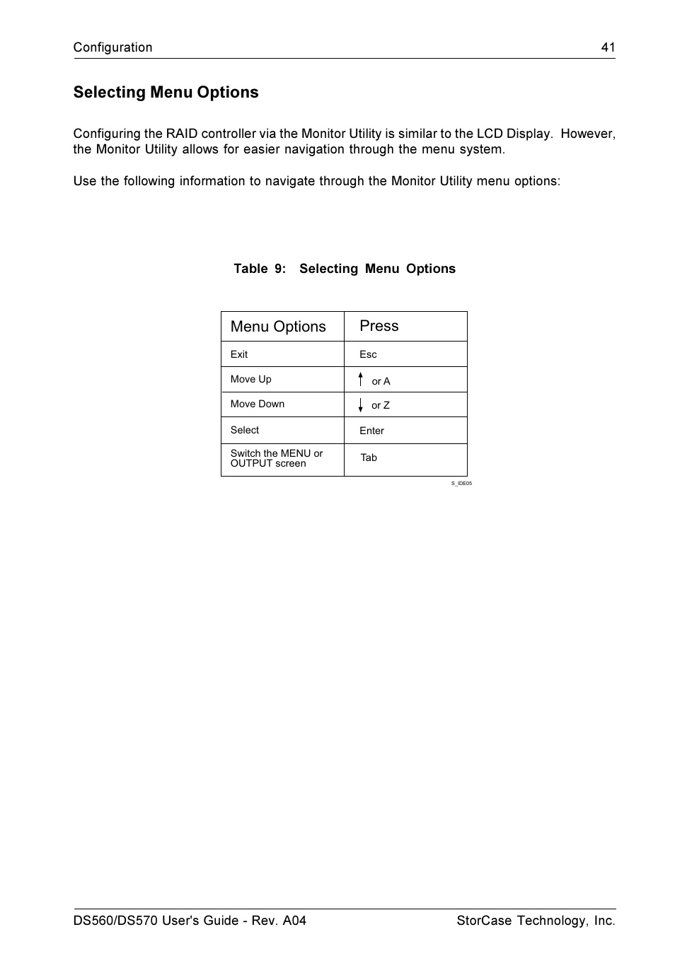 Selecting menu options, Menu options press | StorCase Technology DS570 User Manual | Page 50 / 67