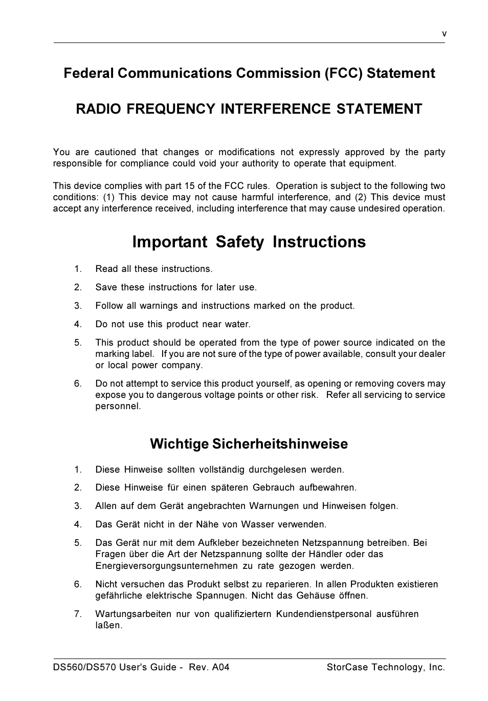 Important safety instructions, Wichtige sicherheitshinweise | StorCase Technology DS570 User Manual | Page 6 / 67