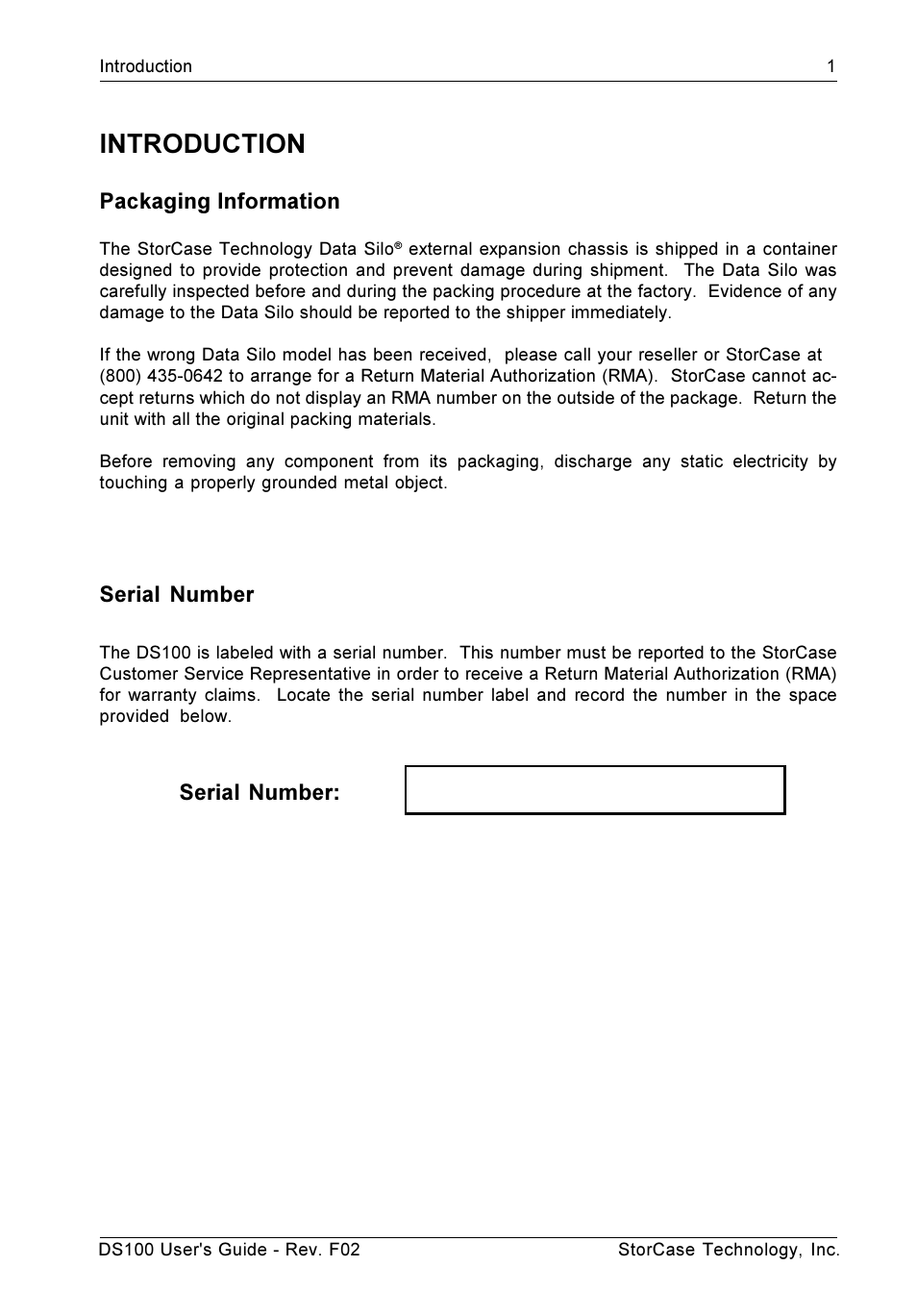 Introduction, Packaging information, Serial number | StorCase Technology DS100 User Manual | Page 10 / 33