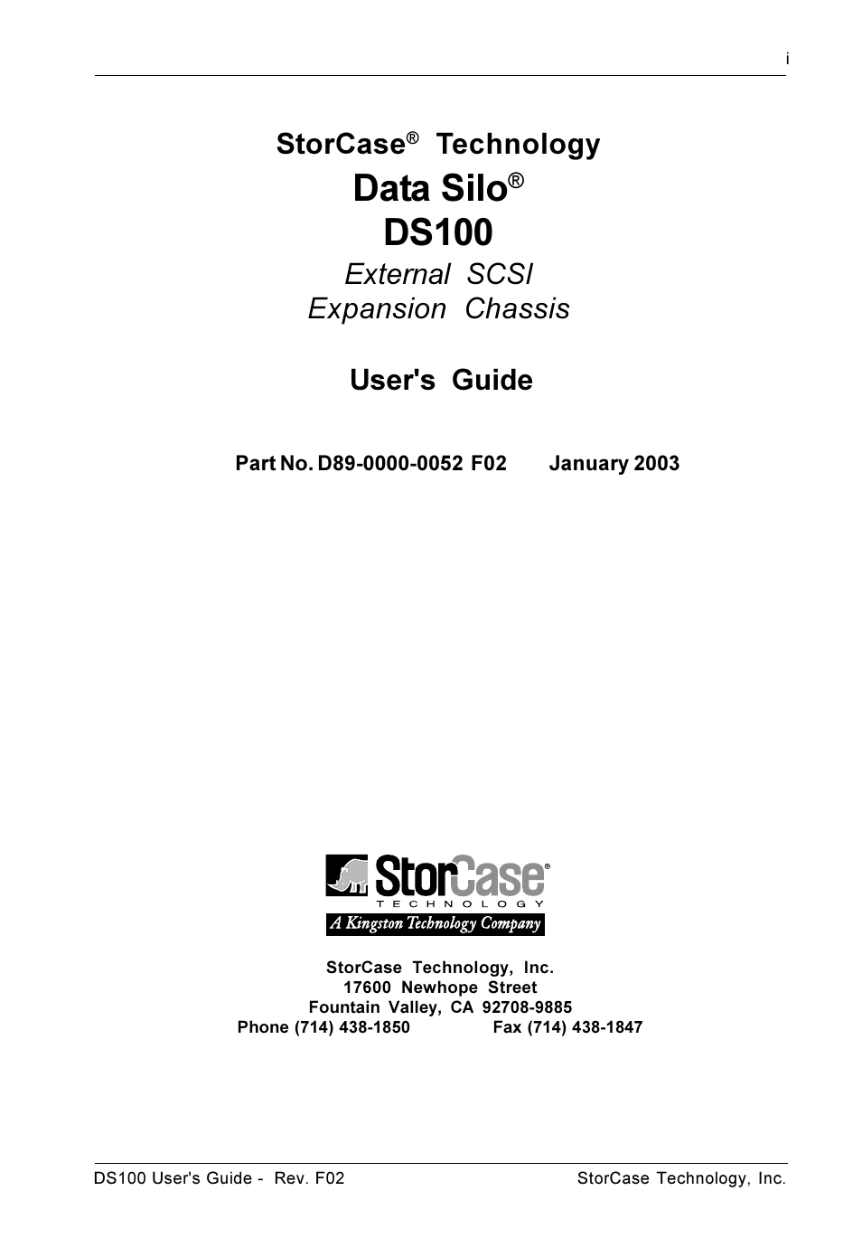 Data silo, Ds100, Storcase | Technology, External scsi expansion chassis, User's guide | StorCase Technology DS100 User Manual | Page 2 / 33