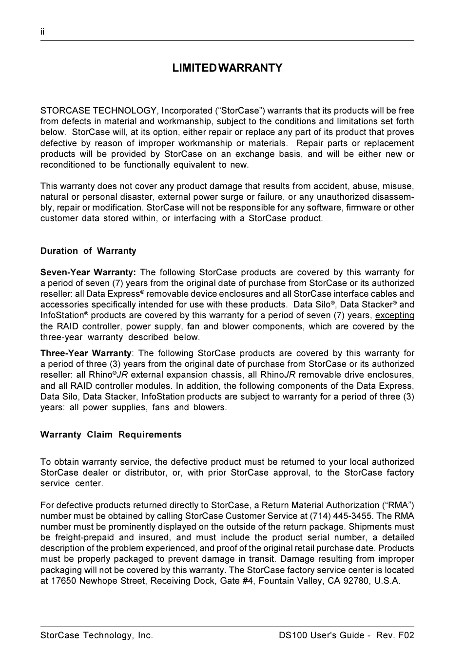 Limited warranty | StorCase Technology DS100 User Manual | Page 3 / 33
