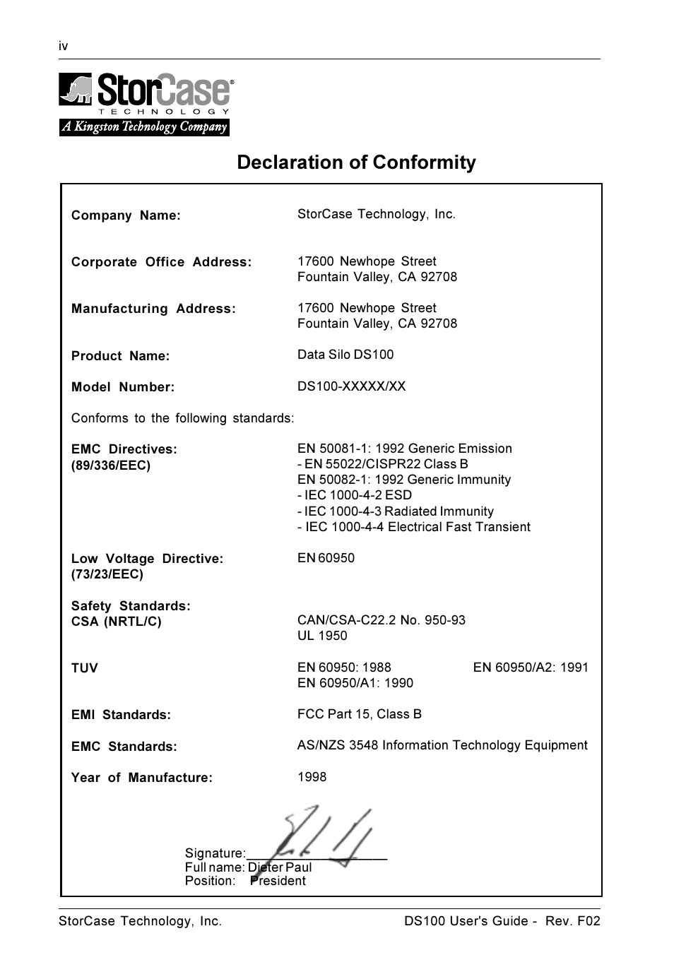 Declaration of conformity | StorCase Technology DS100 User Manual | Page 5 / 33