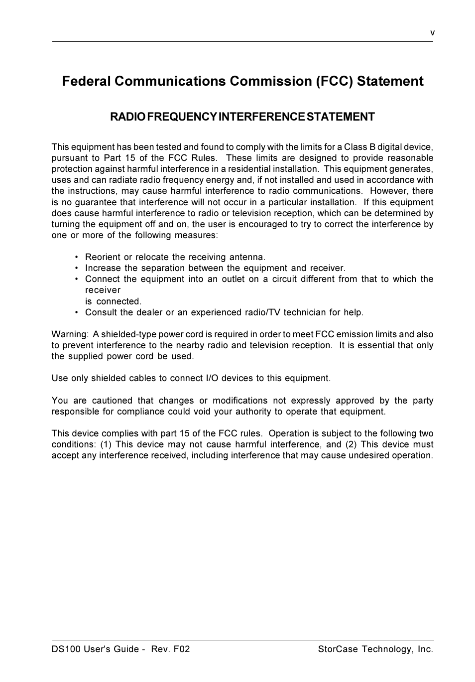 Federal communications commission (fcc) statement, Radio frequency interference statement | StorCase Technology DS100 User Manual | Page 6 / 33