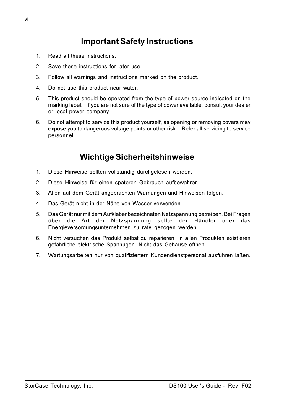 Important safety instructions, Wichtige sicherheitshinweise | StorCase Technology DS100 User Manual | Page 7 / 33