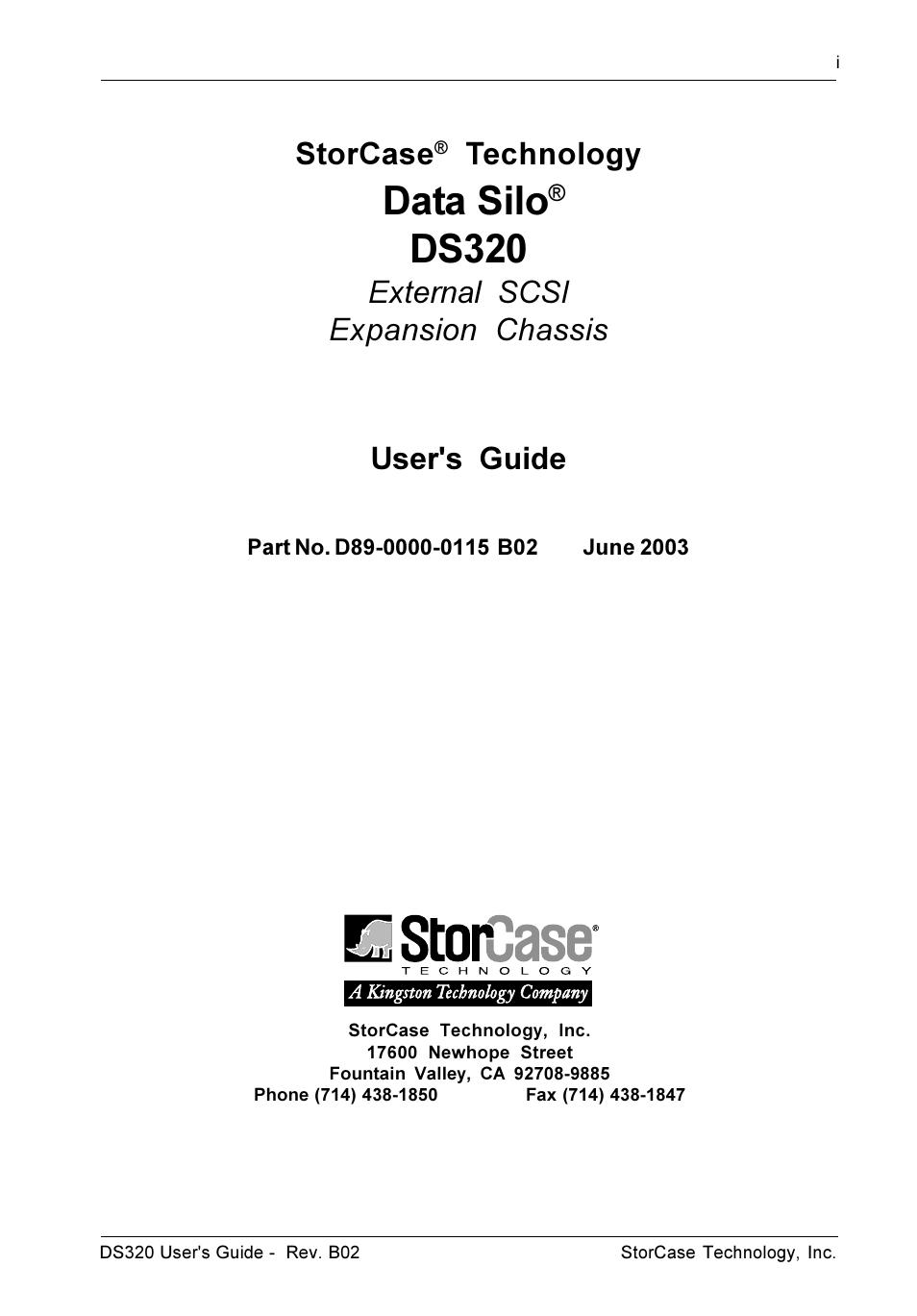 Data silo, Ds320, Storcase | Technology, External scsi expansion chassis, User's guide | StorCase Technology DS320 User Manual | Page 2 / 26