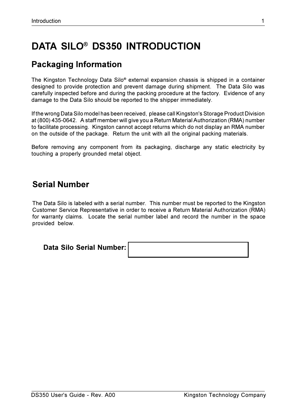 Data silo, Ds350 introduction, Packaging information | Serial number | StorCase Technology DS350 User Manual | Page 10 / 35