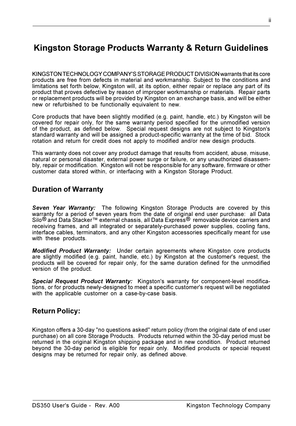 Duration of warranty, Return policy | StorCase Technology DS350 User Manual | Page 3 / 35