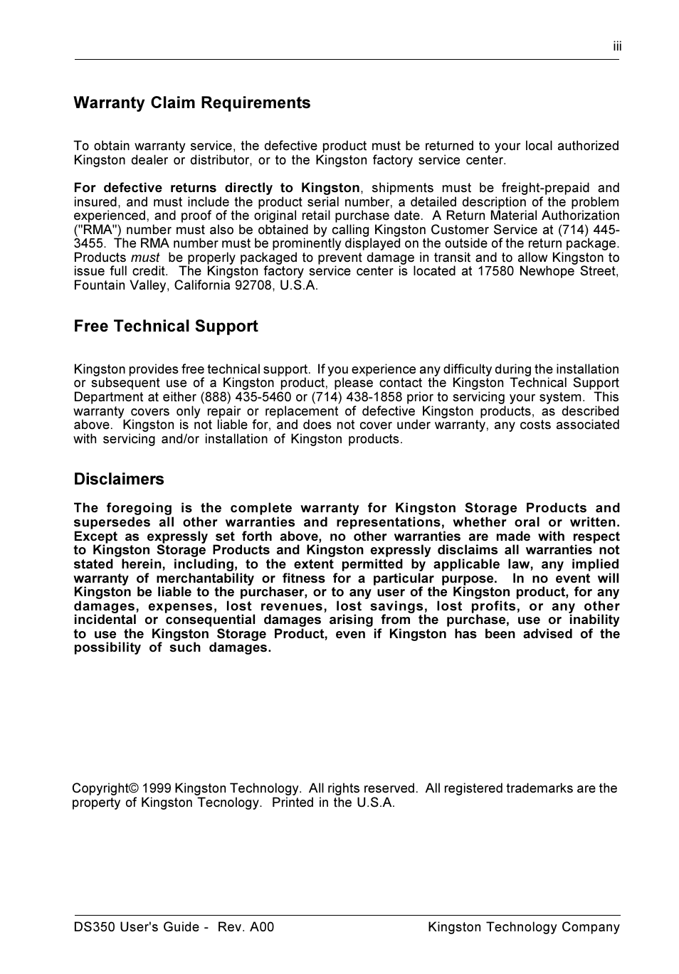 Warranty claim requirements, Free technical support, Disclaimers | StorCase Technology DS350 User Manual | Page 4 / 35