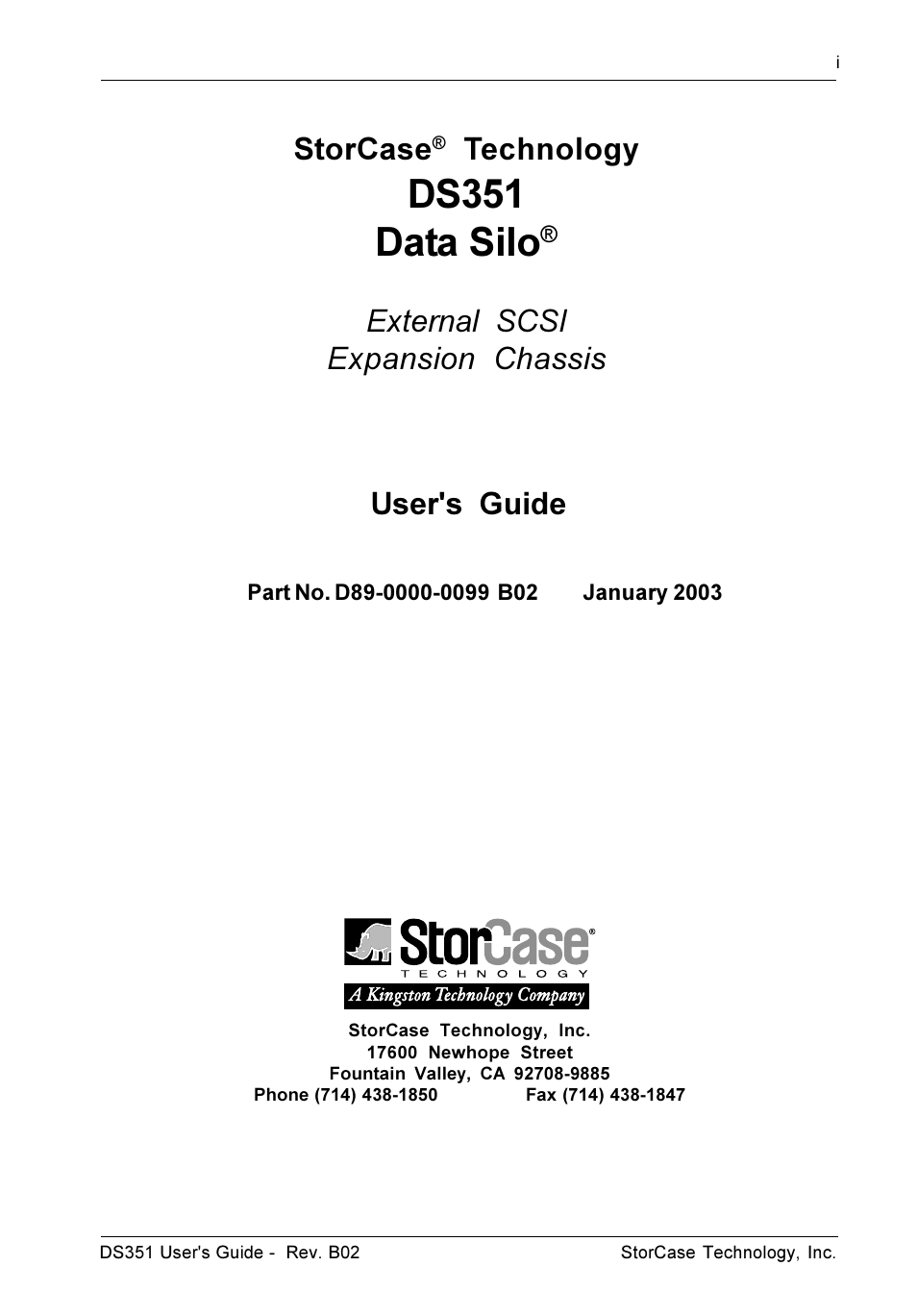 Ds351 data silo, Storcase, Technology | External scsi expansion chassis, User's guide | StorCase Technology DS351 User Manual | Page 2 / 30