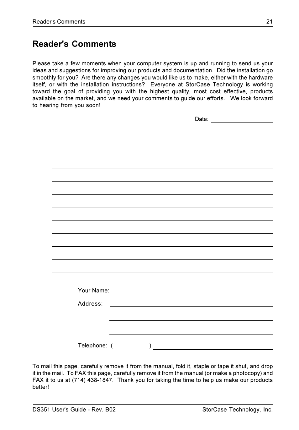 Reader's comments | StorCase Technology DS351 User Manual | Page 29 / 30