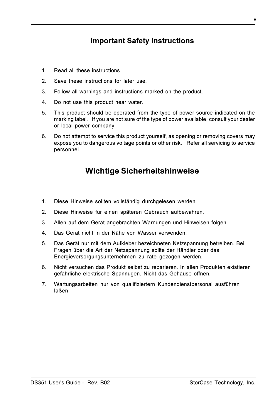 Wichtige sicherheitshinweise, Important safety instructions | StorCase Technology DS351 User Manual | Page 6 / 30