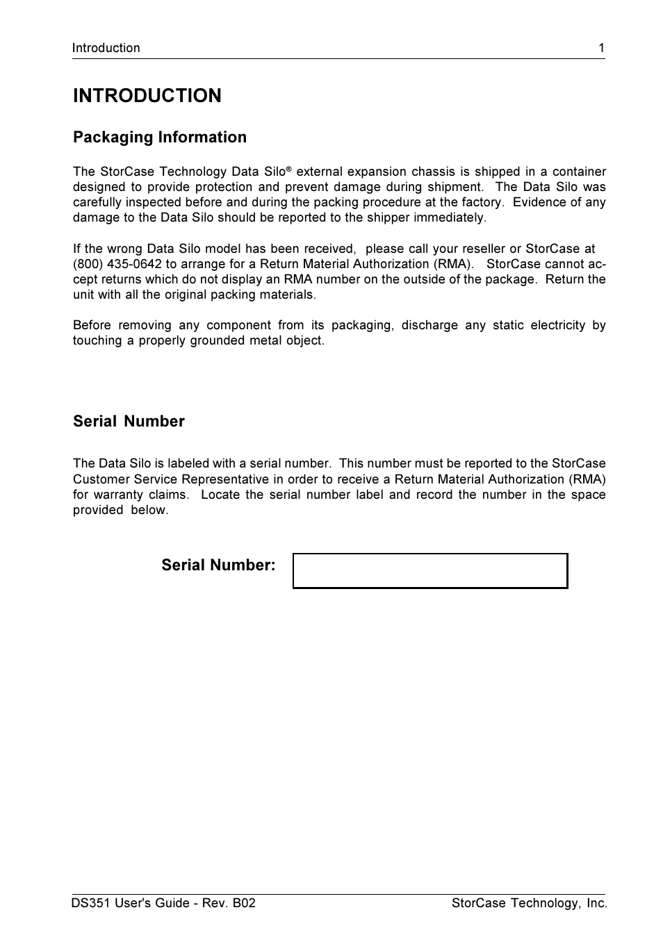Introduction, Packaging information, Serial number | StorCase Technology DS351 User Manual | Page 9 / 30