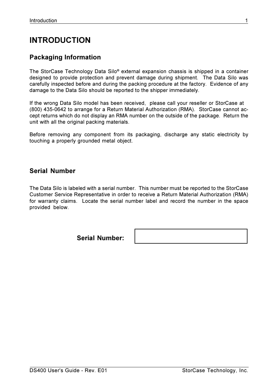 Introduction, Packaging information, Serial number | StorCase Technology DS400 User Manual | Page 10 / 39