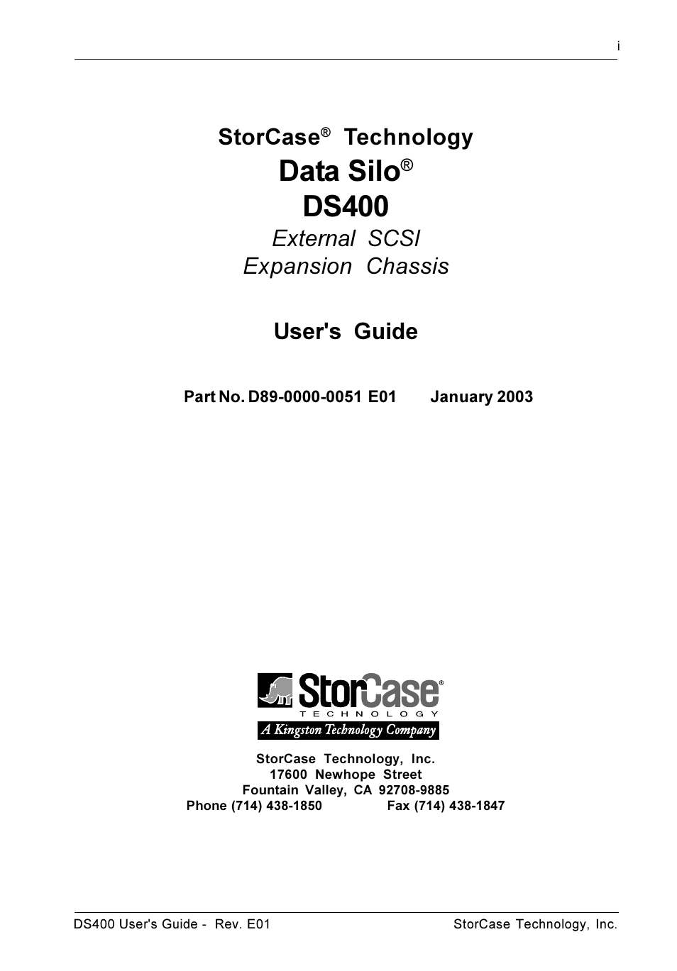 Data silo, Ds400, Storcase | Technology, External scsi expansion chassis user's guide | StorCase Technology DS400 User Manual | Page 2 / 39