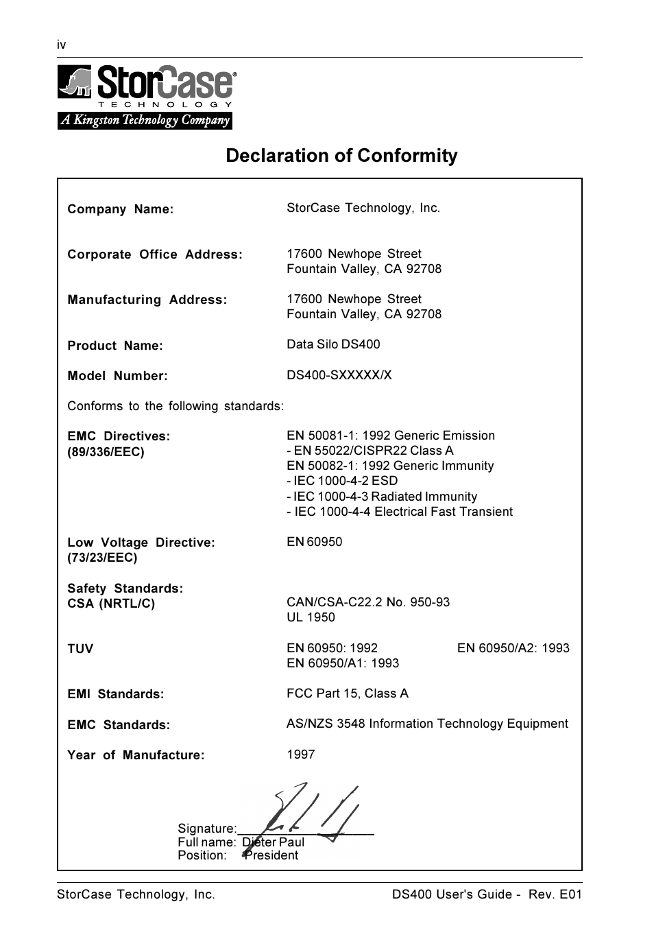 Declaration of conformity | StorCase Technology DS400 User Manual | Page 5 / 39