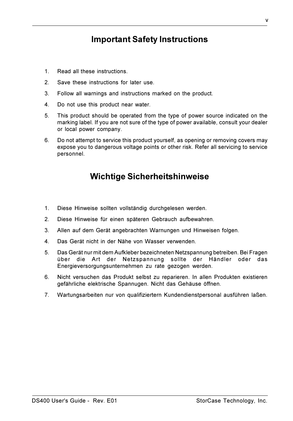 Important safety instructions, Wichtige sicherheitshinweise | StorCase Technology DS400 User Manual | Page 6 / 39