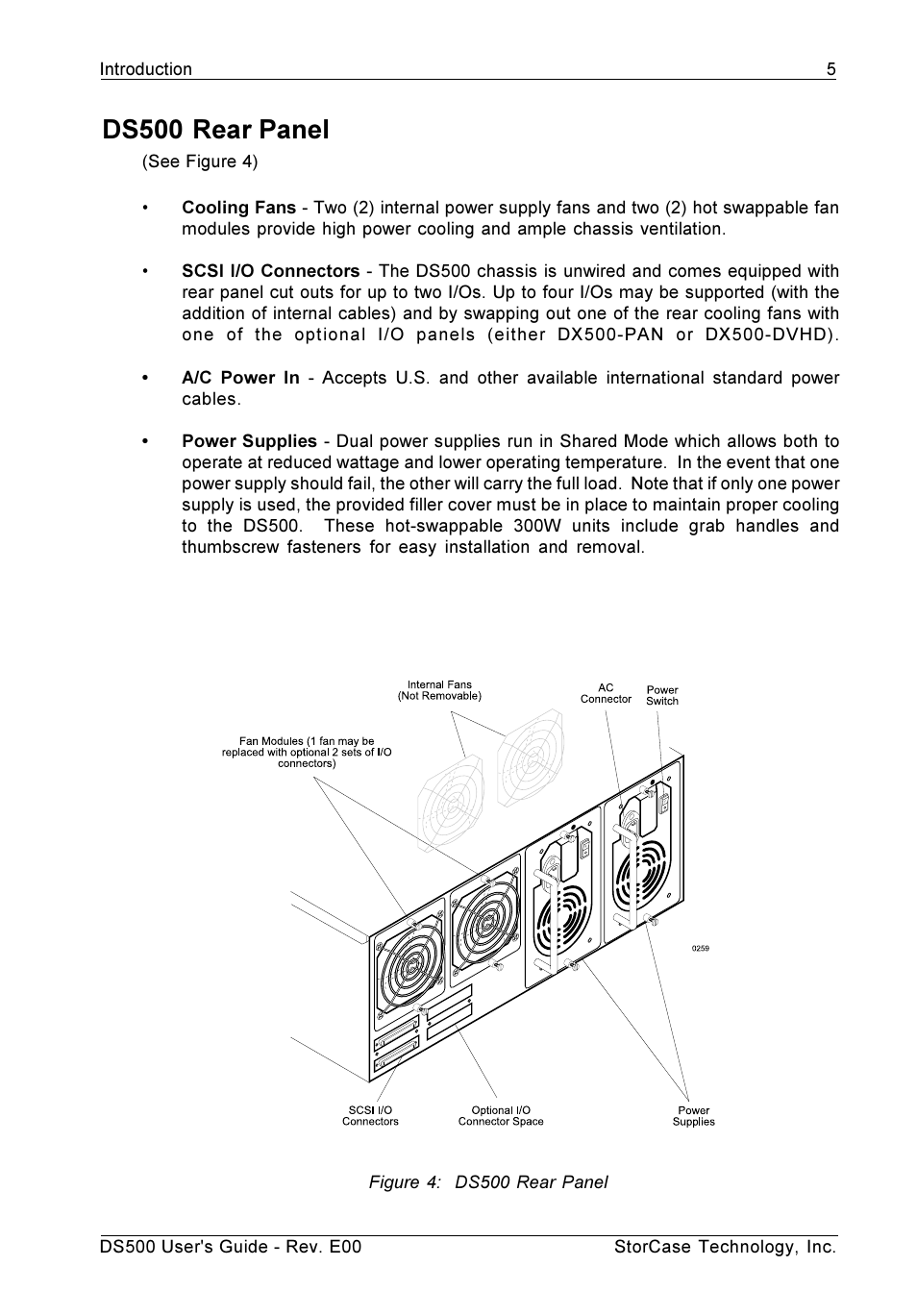 Rear panel, Figure 4: ds500 rear panel, Ds500 rear panel | StorCase Technology DS500 User Manual | Page 13 / 42