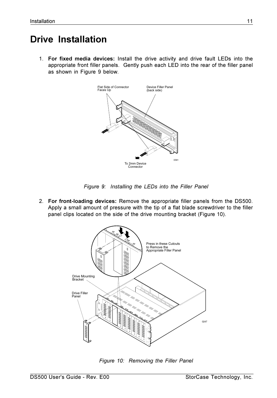Drive installation, Figure 10: removing the filler panel | StorCase Technology DS500 User Manual | Page 19 / 42