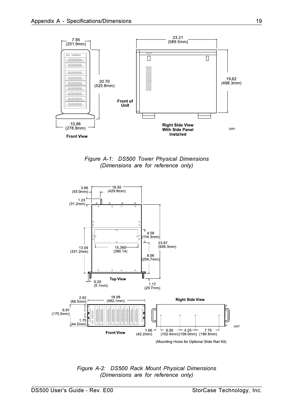 Figure a-1: ds500 tower physical dimensions, Figure a-2: ds500 rack mount physical dimensions | StorCase Technology DS500 User Manual | Page 27 / 42
