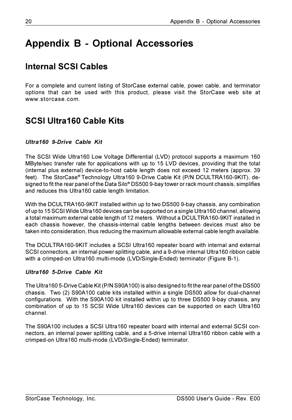 Appendix b - optional accessories, Internal scsi cables, Scsi ultra160 cable kits | StorCase Technology DS500 User Manual | Page 28 / 42