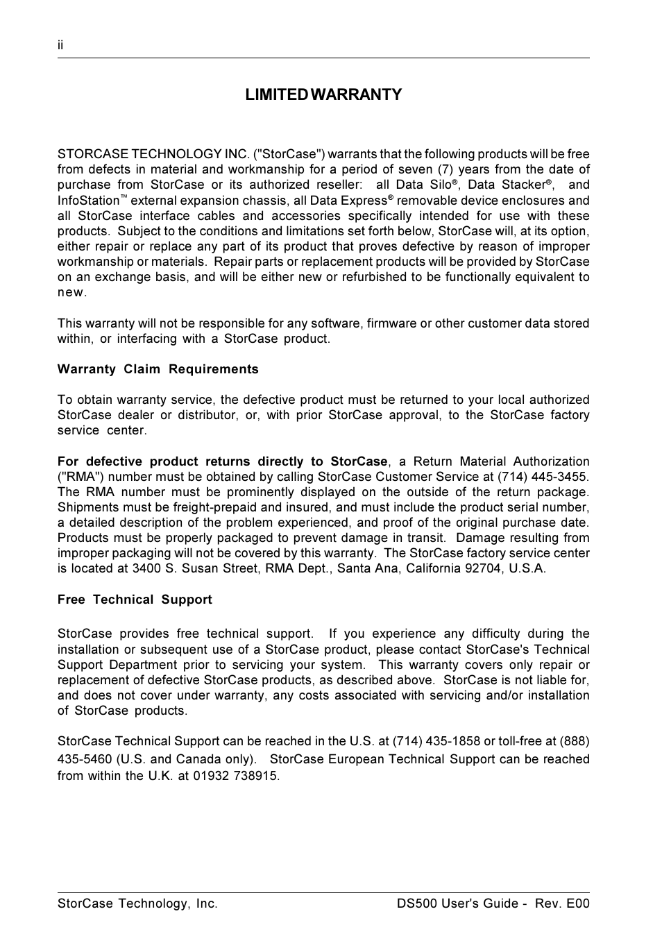 Limited warranty, Warranty claim requirements, Free technical support | StorCase Technology DS500 User Manual | Page 3 / 42