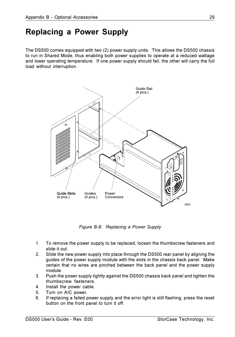 Replacing a power supply, Figure b-8: replacing a power supply | StorCase Technology DS500 User Manual | Page 37 / 42