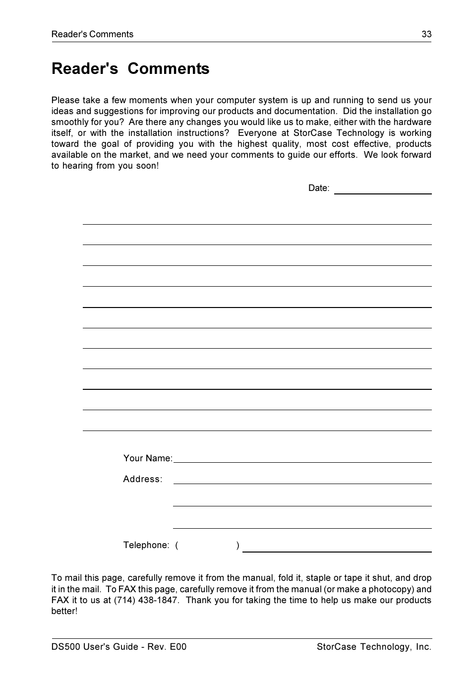 Readers' comments, Reader's comments | StorCase Technology DS500 User Manual | Page 41 / 42